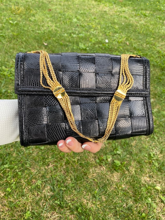 60s Vintage Pochette Leather Lizard/black Pochette Handbag 