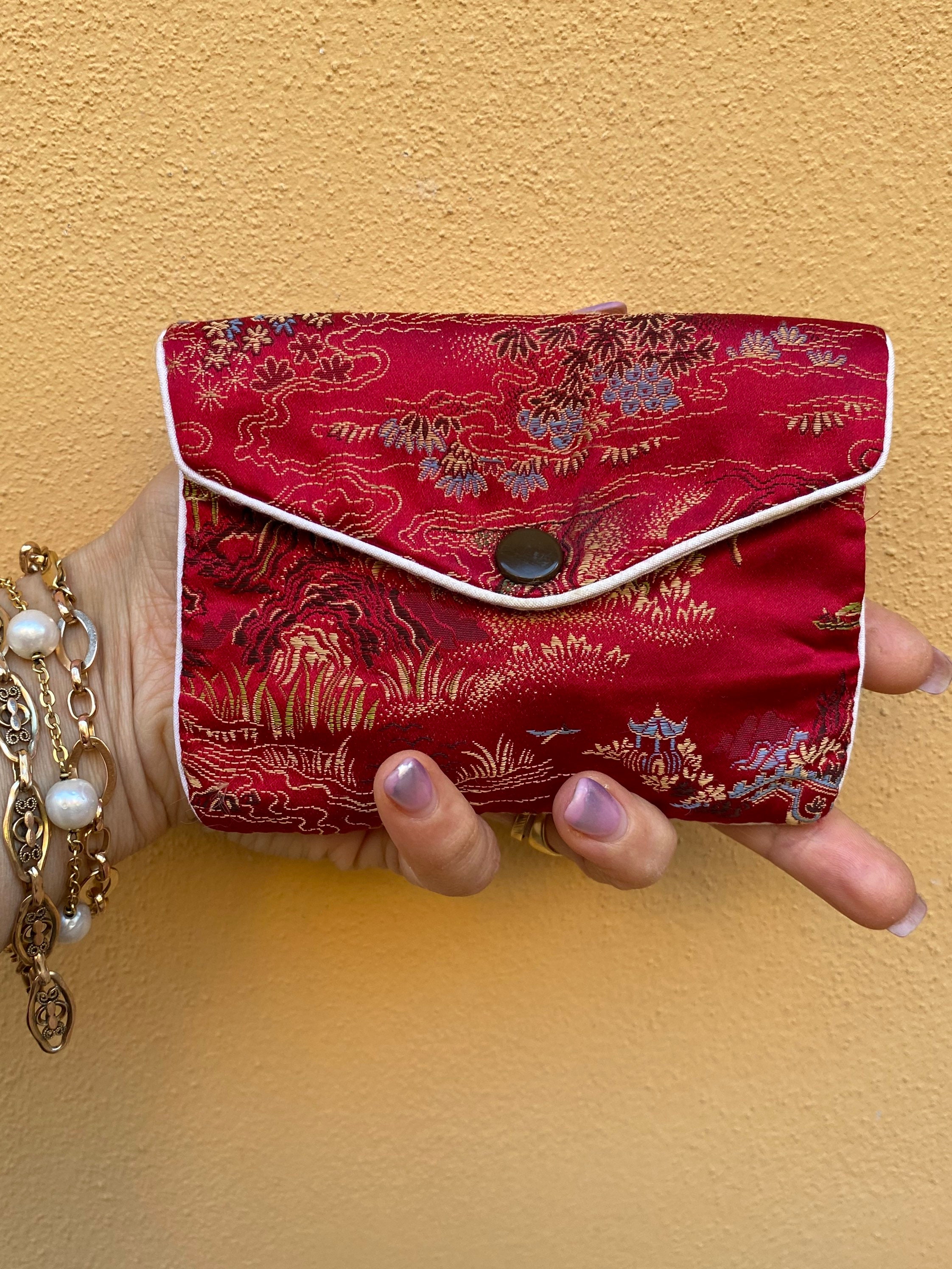 50s Vintage Wallet Pouch Silk/red White Wallet/silk Purse Il