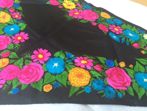80s Ken Scott scarf/Black floral scarf/Vintage sca