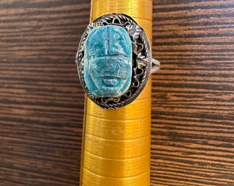 70s Vintage rare ring scarab Egyptian/Silver 800 ring scarab blue/silver ring with blue Egyptian scarab