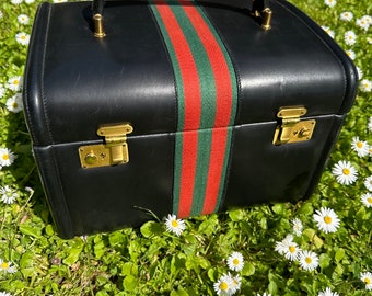 70s Vintage beauty box Italy/Cosmetic Case Make-up/Black beauty case leather/Vintage trunk/Suitcase/Travel leather beauty case Cosmetic