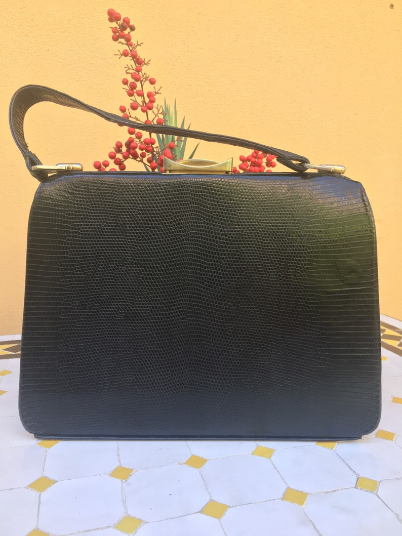 50s Vintage vintage leather lizard clutchBlack handbag reptilehandmade Leather clutchvintage lizard handbag