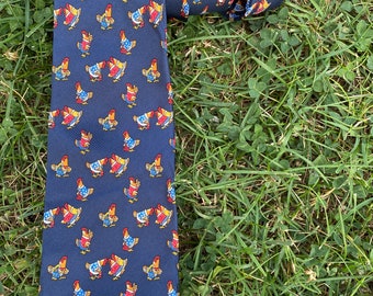 80s Vintage tie chickens Andrea Silardi/Tie with chickens/Design tie chickens/Fashion chickens tie/Blue yellow tie silk