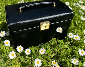 Boîte de beauté vintage des années 60 lézard Italie/Cuir de beauté noir/Porte-bijoux vintage/Bijoux de valise/Bijoux de sac rare