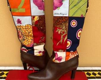 90s Vintage Luxury Design boots Leopard Ferragamo patent/Ferragamo nylon leather boot/Multicolor leather boots