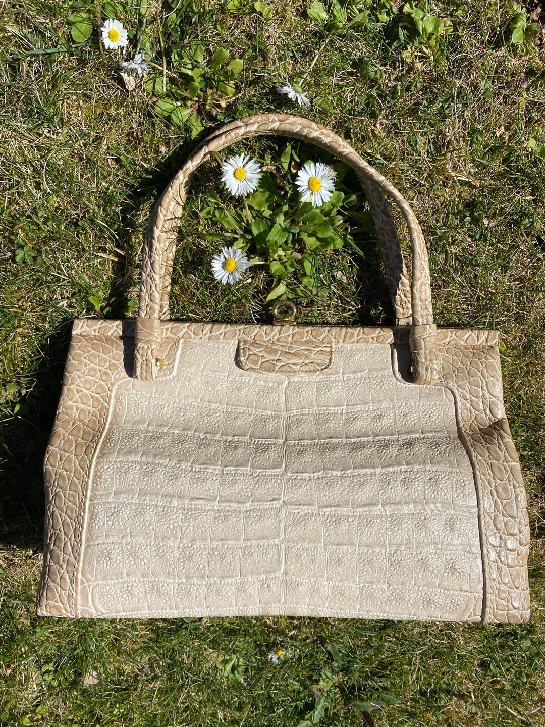 Pochette/sac Style Croco écru/beige Avec Lanière - Dimensions 12x19x12cm, PVC, Neuf Sans étiquette