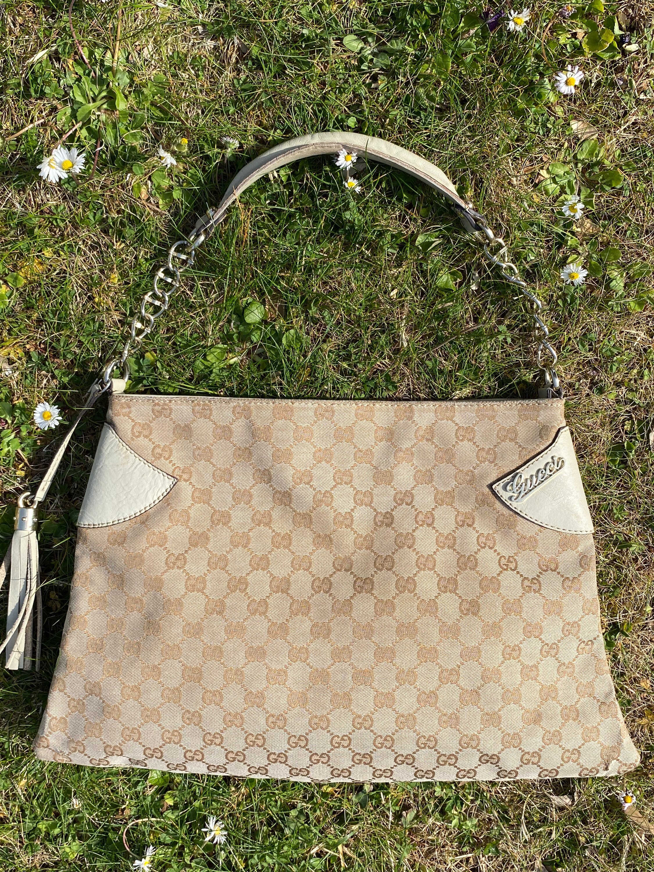 90s Authentic Vintage Bag Gucci/White Beige Bag leather/Gucci Monogram bag/Gucci Design Tote bag/Gucci Monogram Bag