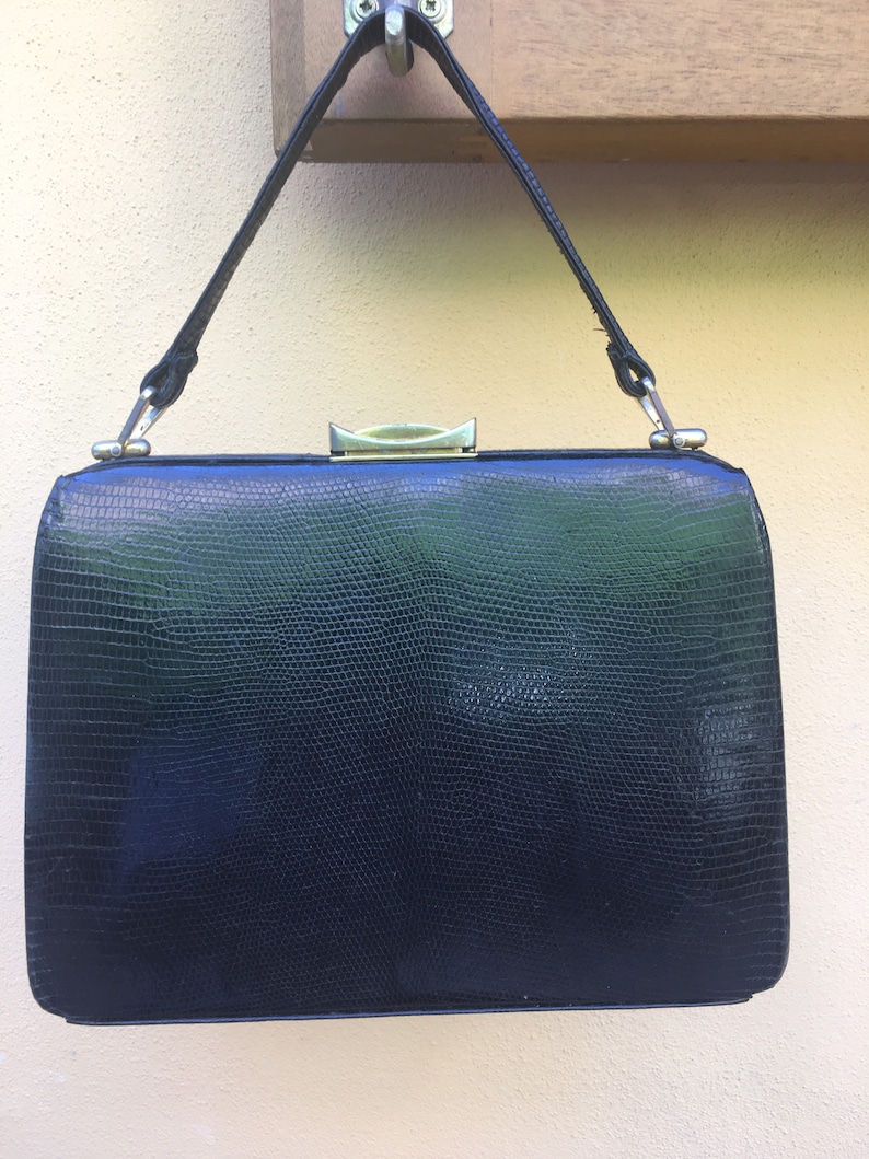 50s Vintage vintage leather lizard clutchBlack handbag reptilehandmade Leather clutchvintage lizard handbag