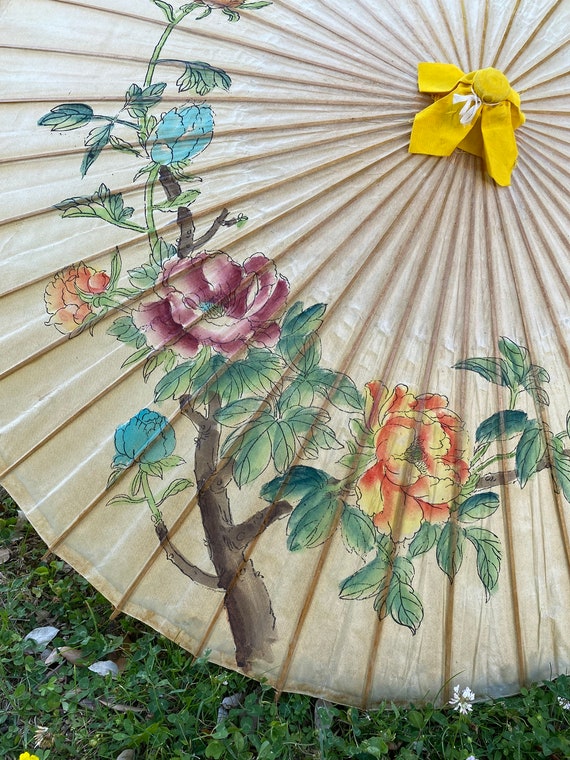 Vintage 1960s LOUIS VUITTON Wood Handle Cotton Fabric Umbrella Parasol