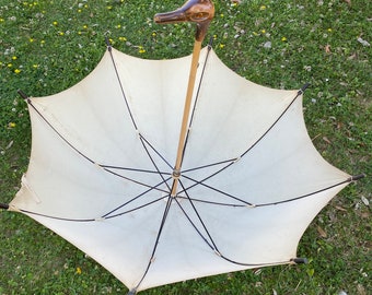 60 s Authentique vintage parapluie parasol manche de canard/Beige parapluie lin/Parapluie de marche/60 s parapluie avec tête d'oie