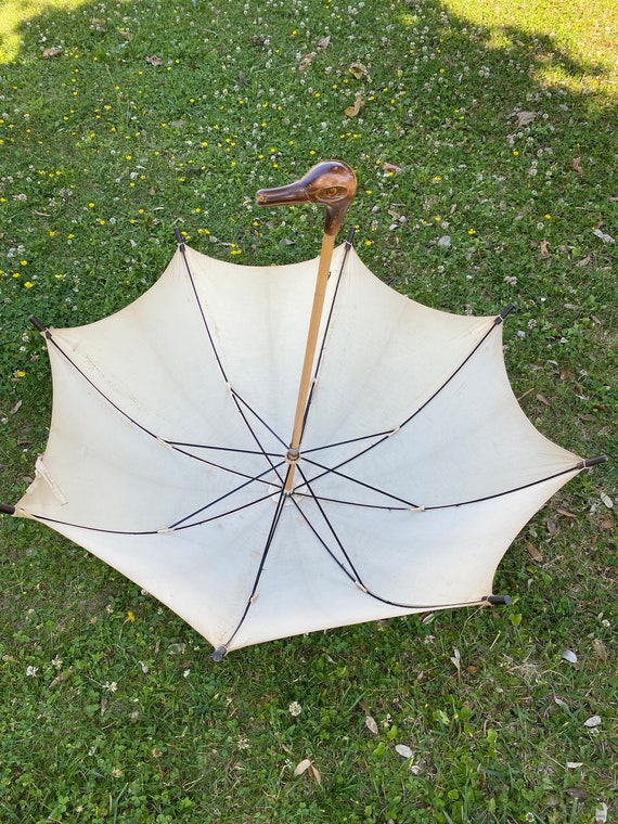 Vintage 1960s LOUIS VUITTON Wood Handle Cotton Fabric Umbrella