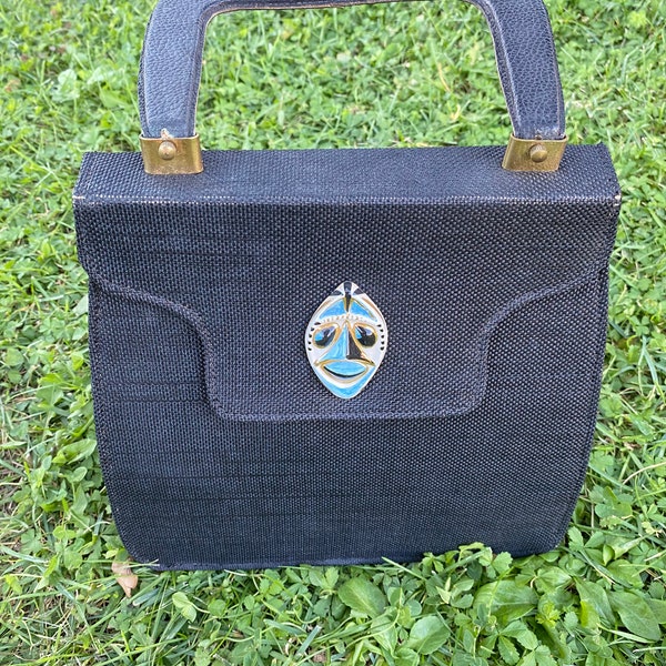 60s Vintage amazing clutch/Black clutch canvas/60s handbag with mask/Vintage bag 60s