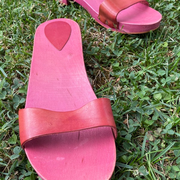 90s vintage slipper wooden leather/platform bordeaux leather/Zoccoli leather wooden/Sandals platform/Pianelle pelle legno