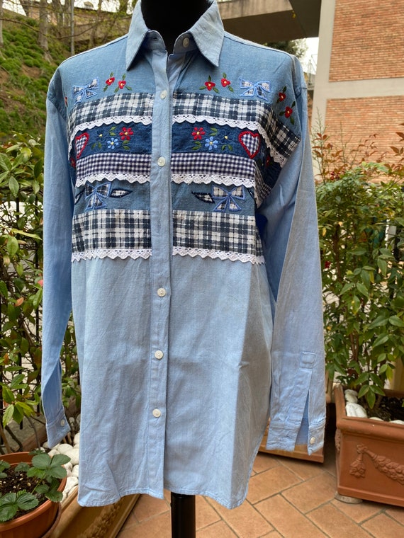 80s Vintage shirt patchwork Aasha Jeans Wear/Blue… - image 3