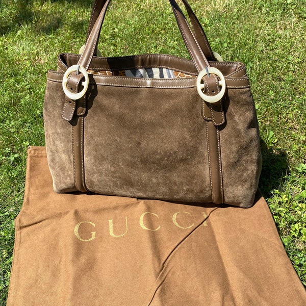 Autentyczna torba Gucci z lat 90./Beżowa torba z irchy/Oliwkowa torba zamszowa Gucci/Rzadka torba na ramię Gucci