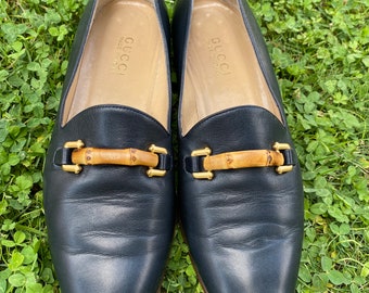 90s Vintage Authentic shoes Gucci Bamboo/Dark blue shoes leather/Ballerinas Gucci/Fashion ballerina shoes Gucci