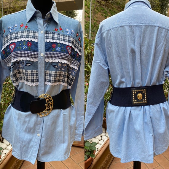 80s Vintage shirt patchwork Aasha Jeans Wear/Blue… - image 2