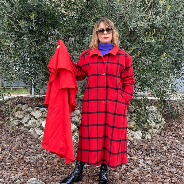 80s Vintage coat double face Sant Andrea/Red black coat wool/Trench red cotton coat tartan/Tartan capotto doppia faccia vintage