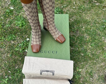 Authentic boots Gucci/Stivale Gucci/Brown beige boots canvas leather/Design Luxury boots Gucci/Rare boots Gucci