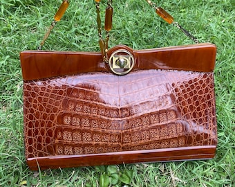 Jaren '60 Vintage Luxe clutch bag Croco/Bruine clutch bag leer/Design Luxe tas vintage/Vintage croco lederen handtas