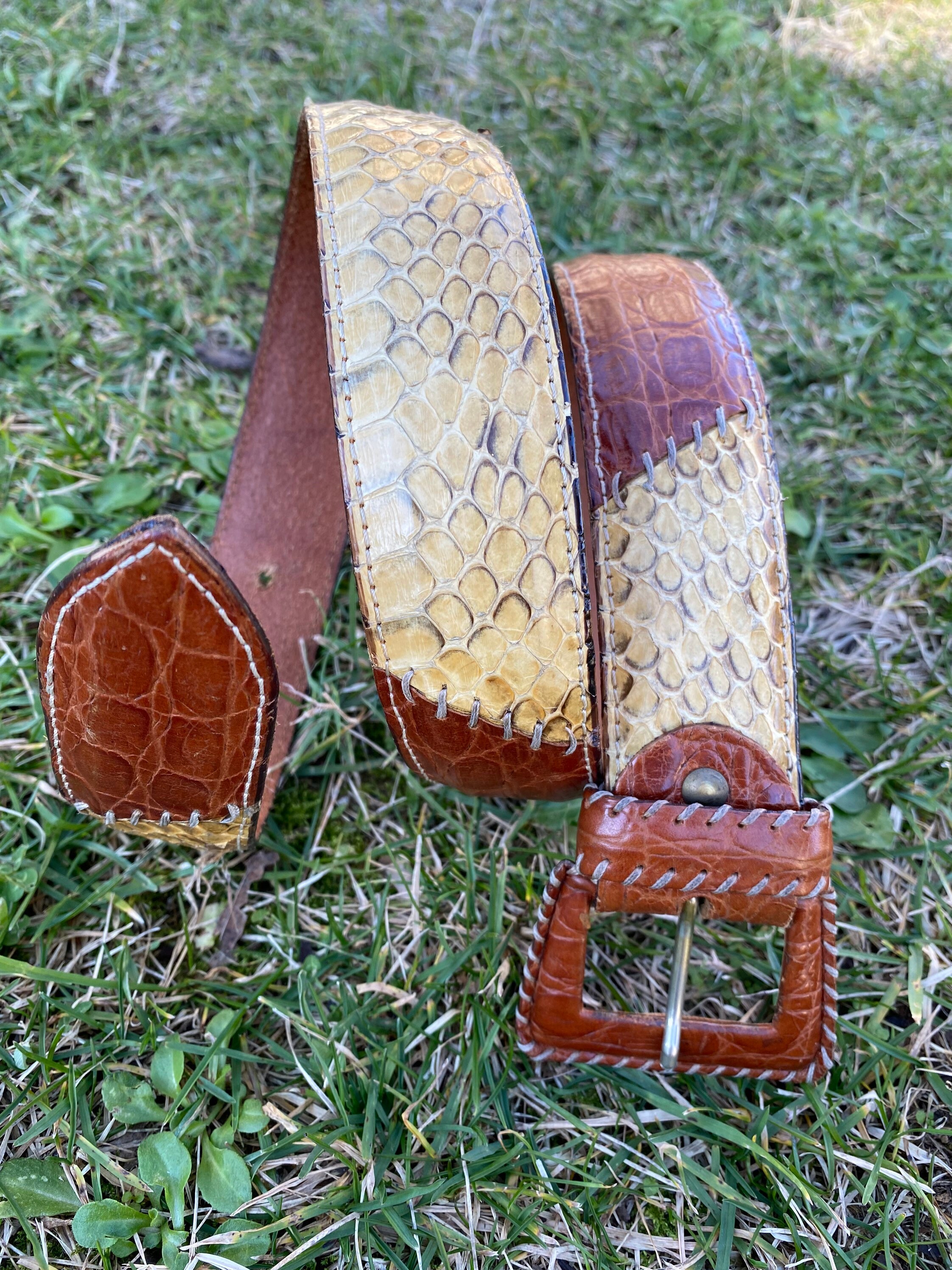 90s Vintage Belt Leather Python Croc/brown Belt Leather/brown - Etsy