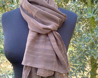 90s Vintage Scarf Gucci/Design Luxury stole Gucci/Foulard Gucci/Brown scarf silk/scarf Gucci/Brown Gucci scarf