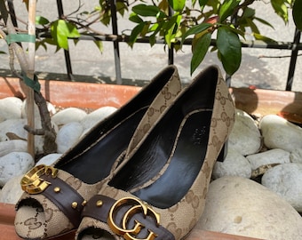 90s Vintage authentic décolleté Gucci monogramma/Brown canvas décolleté/Sandals Gucci/Scarpe Gucci/Small décolleté Gucci