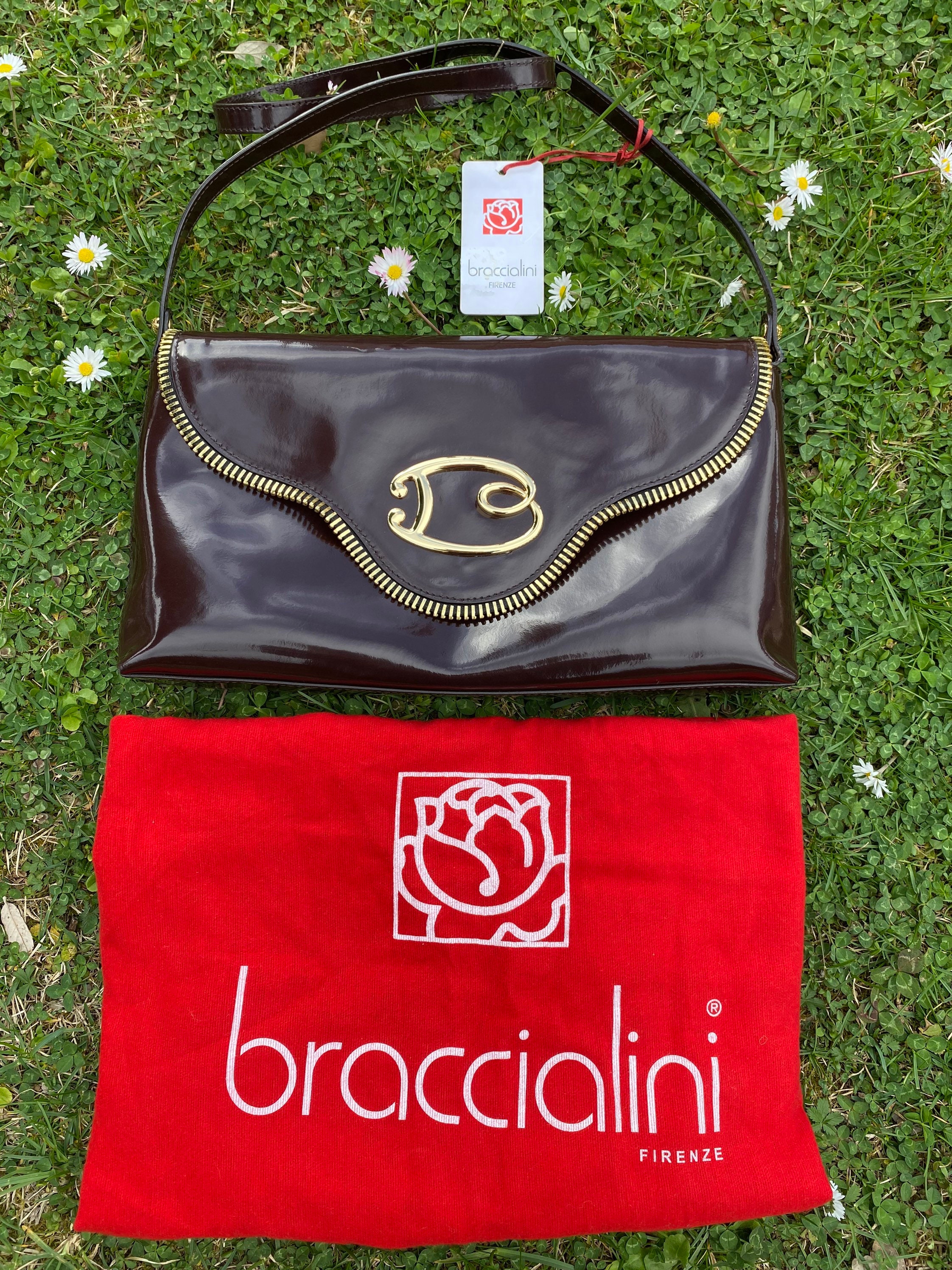 90s pochette Braccialini/Zipper Pouch Design/Brown bag leather ...