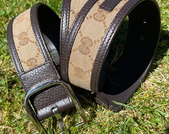 Vintage authentic belt Gucci monogram/Brown beige belt leather canvas/Cintura Gucci vintage/Fashion design belt Gucci