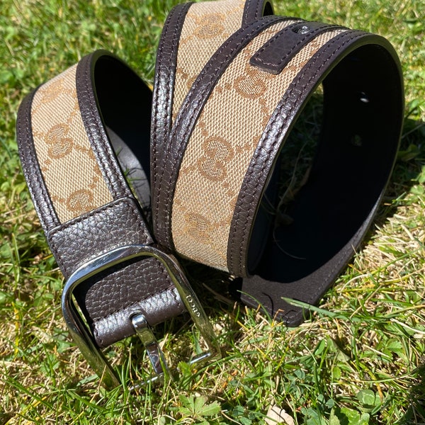 Vintage authentic belt Gucci monogram/Brown beige belt leather canvas/Cintura Gucci vintage/Fashion design belt Gucci