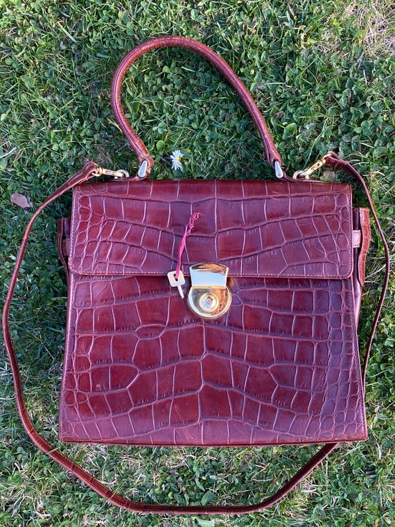 Burgundy Croc Embossed Genuine Leather Handbags