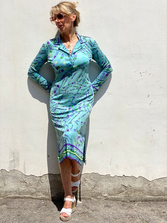 BOUTIQUEOCCASIONI 70s Vintage Dress Emilio Pucci/Blue Dress Silk/Silk Dress Pucci/Pucci Design dress/Emilio Pucci Vintage dress/Design Dress Pucci