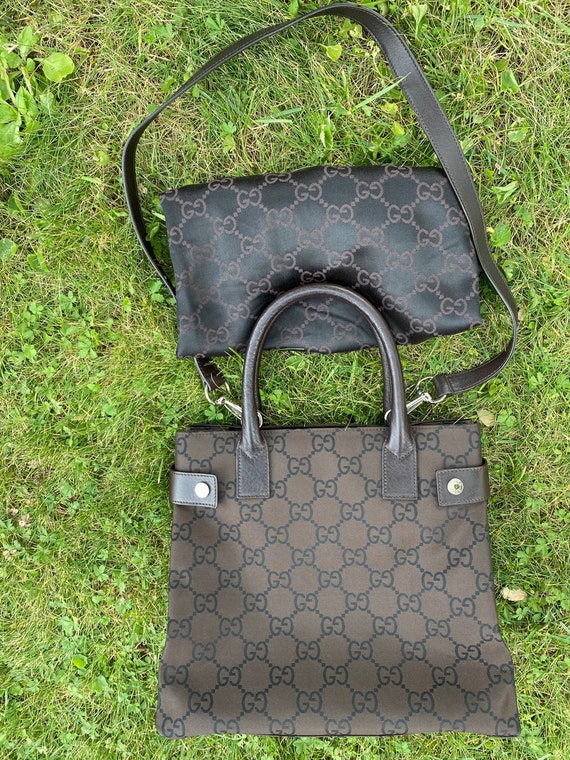 Authentic Gucci Monogram GG Canvas and Leather Tote Green & Black Leather  Italy!