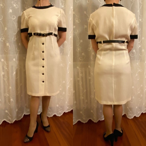 80s Design wool dress/Tailored Suit/White black wo