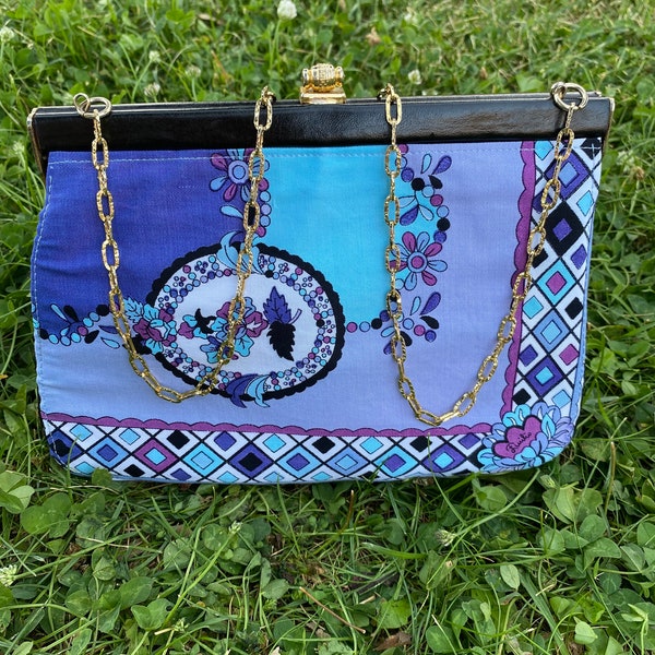 60s Vintage upcycle Pochette Hand Made fabric Emilio Pucci/Floral pochette upcycling/Design pochette purple black