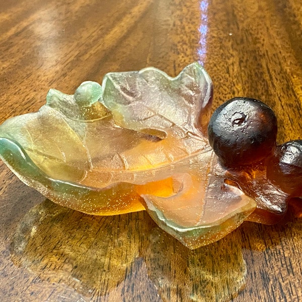 Daum Pate de Verre Snail and Berries on Leaf