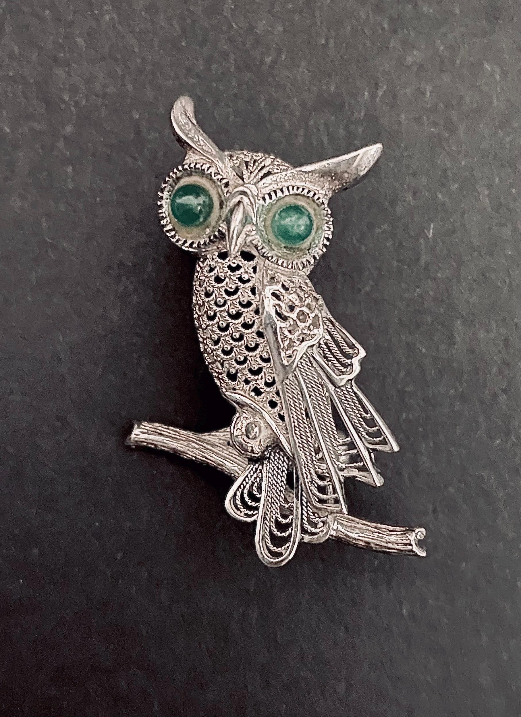 Antique edwardian owl brooch filigree silver 800 Art nouveau Jugendstil russian
