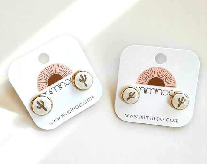 Cactus Stud Earrings Handcrafted and Hand Painted Acrylic on 18k Gold Plated Bezel for girls and women - Desert Inspo - Various colors