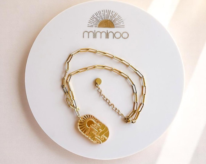 Desert Mirror Acrylic Pendant 18K Gold Plated Necklace on paper clip style necklace with extender Gift for her and cactus lovers