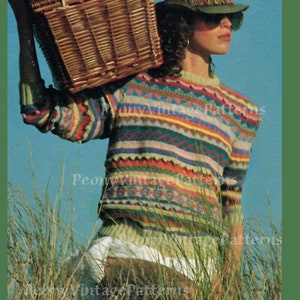 1980s colourful gelati gelato colours fair Isle sweater. Vintage knitting pattern l PDF Instant Download