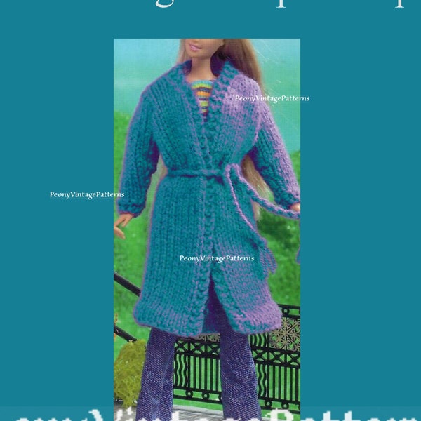 Barbie coat, jacket, dressing gown, outfit vintage knitting pattern   l PDF Instant Download