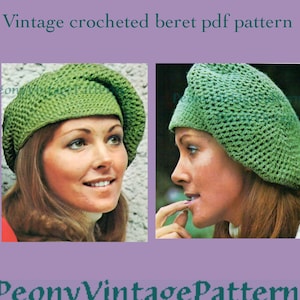 Op de afbeelding: Vintage haakmuts patroon in groen. Het patroon wordt getoond op een model dat de muts draagt. Het patroon is beschikbaar als PDF-download.