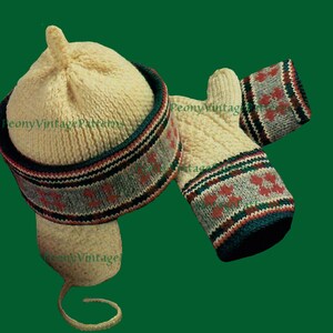 May include: A knitting pattern for a Fair Isle hat and mittens. The hat and mittens are cream colored with a green, red, and white Fair Isle pattern.