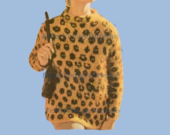 1960s leopard print sweater groovy fashion. In soft Mohair or other brushed wool Classic! Vintage knitting pattern l PDF Instant Download