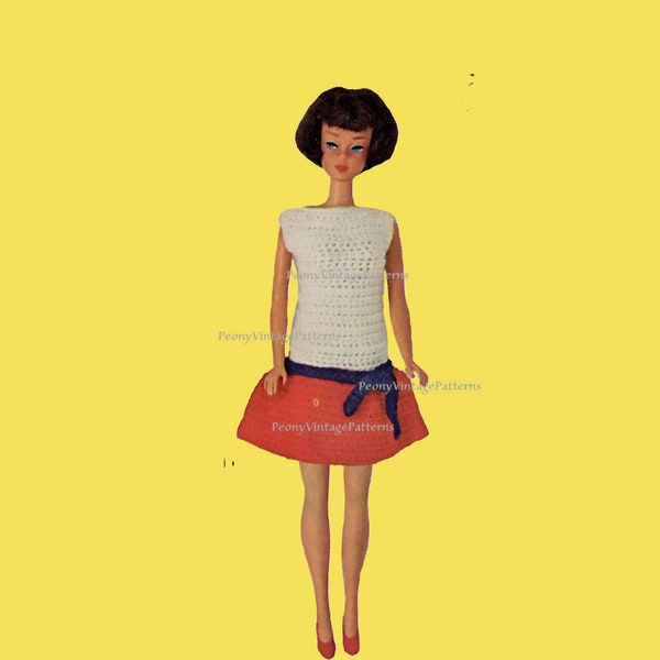 Barbie flounce dress mod 1960s mid century mad men crochet vintage  pattern   l PDF Instant Download