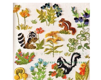 Vintage Ratons laveurs Crewel Broderie terminée