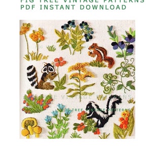 May include: A vintage embroidery pattern featuring a raccoon, a skunk, a squirrel, and various flowers and plants. The pattern is titled "Fig Tree Vintage Patterns PDF Instant Download".