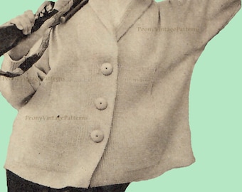 Rolled Collar Jacket with deep armholes and straight lines 1940s vintage knitting pattern   l PDF Instant Download