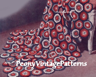 Granny rounds jewel rug, 1940s afghan vintage crochet pattern 4 ply wool. Size 10 crochet hook.   l PDF Instant Download