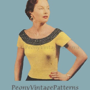 Elegant 1930s 40s boatneck sweater for evenings with braid and sequin trimming. Vintage knitting pattern l PDF Instant Download